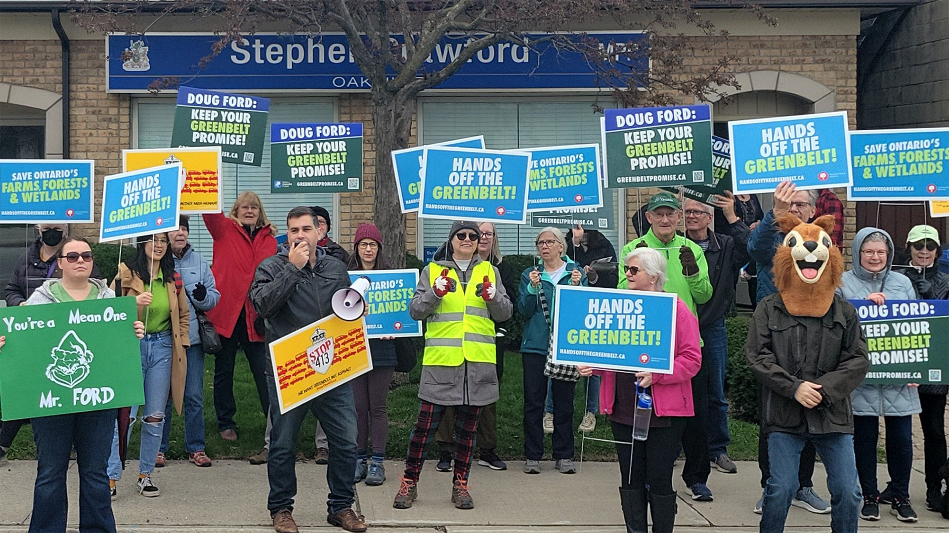 Bruno Sousa with Oakville residents on Earth Day protesting the Greenbelt expansion and Highway 413 at MPP Stephen Crawfords Office